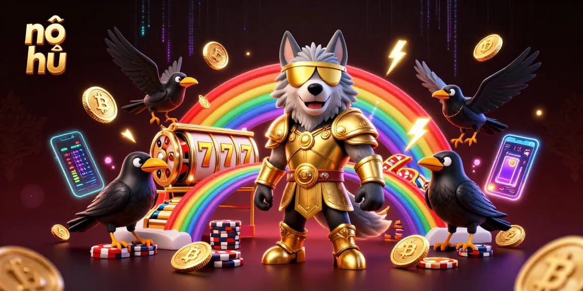 Spin the nổ hũ slots with Odin and his ravens amidst glowing cryptocurrency elements.
