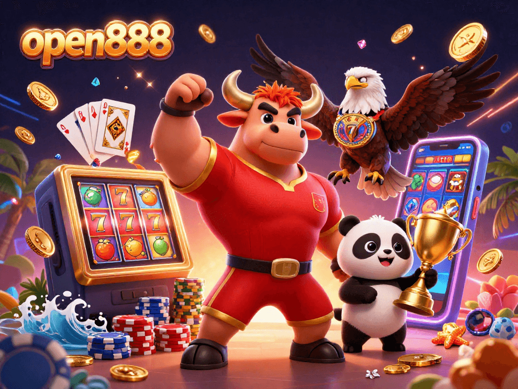 Experience the thrill of open888 with a victory pose from our bull mascot amidst dynamic slot game elements.