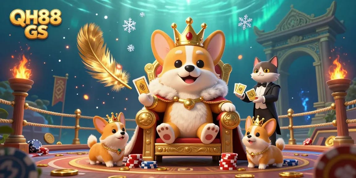 Experience the thrill of QH88 GS with a lively 3D illustration featuring a royal corgi on a poker chip throne.