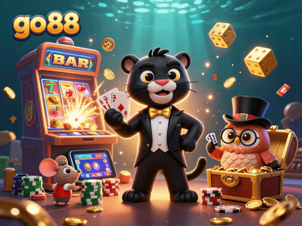 Experience thrilling casino action with go 88 as a stylish panther deals cards amidst jackpots and festive elements.