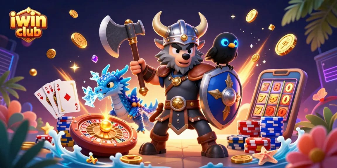 Win big with iwin club featuring a Viking wolf warrior, fierce dragon, and casino elements.