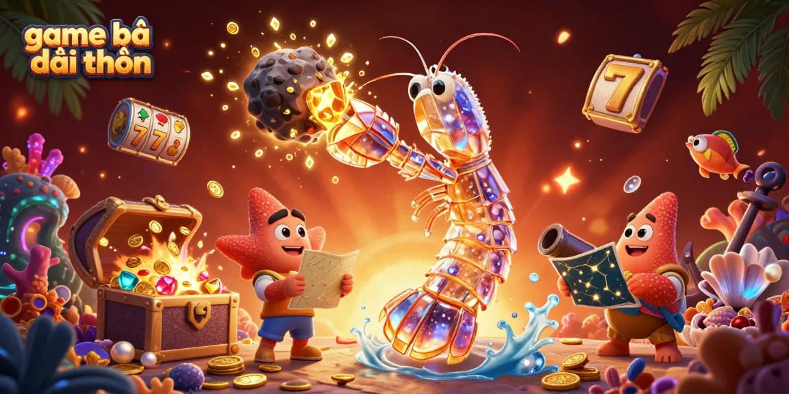 Experience game bài đổi thưởng through a vibrant underwater scene featuring a samurai mantis shrimp, treasures, and slot symbols.