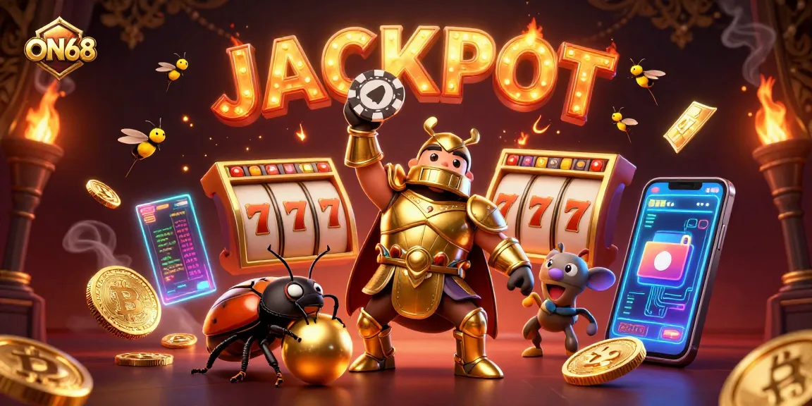 Experience thrilling gameplay at ON68 with animated beetle characters and vibrant casino elements.