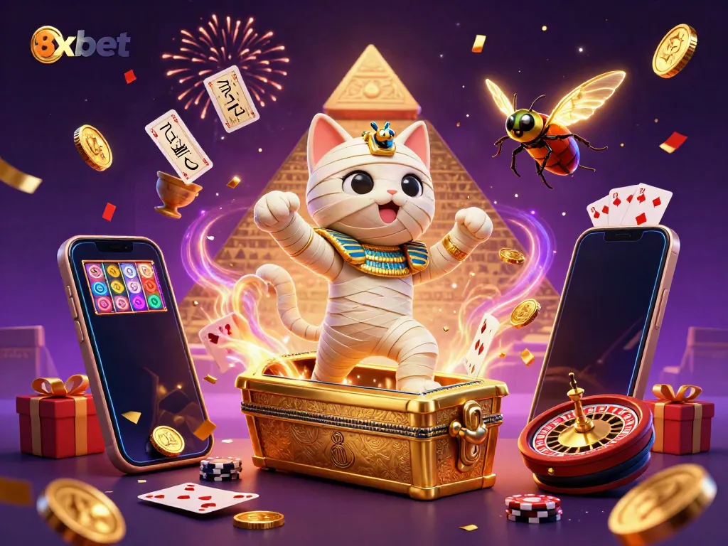 Engage with 8xbet’s exciting gaming experience featuring a mummy cat bursting from a sarcophagus in a vibrant casino.