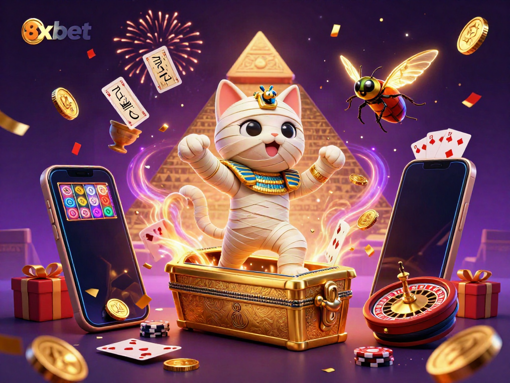 Engage with 8xbet’s exciting gaming experience featuring a mummy cat bursting from a sarcophagus in a vibrant casino.