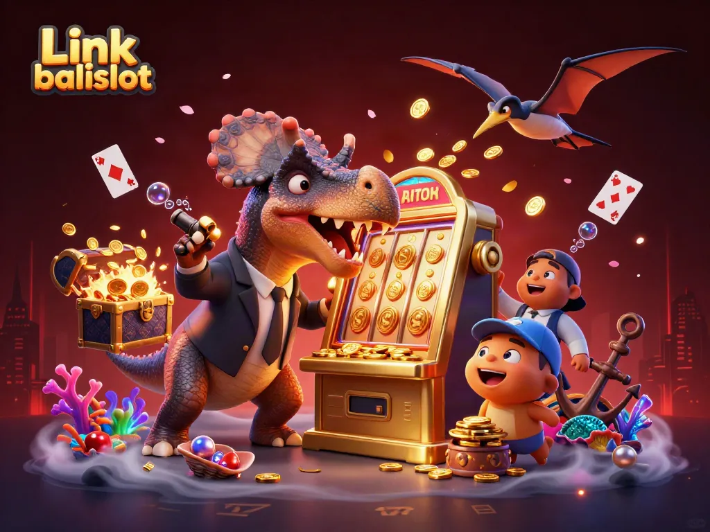 Experience thrilling wins with Link balislot as dinosaurs celebrate jackpots in a vibrant casino.
