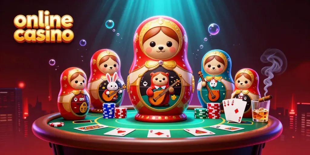 Engage with an online casino scene featuring colorful poker elements and charming 3D characters.