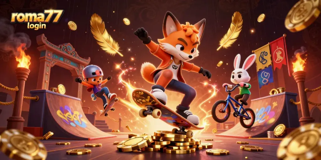 Permainan slot di ROMA77 login dengan karakter kartun dan elemen kasino menarik.