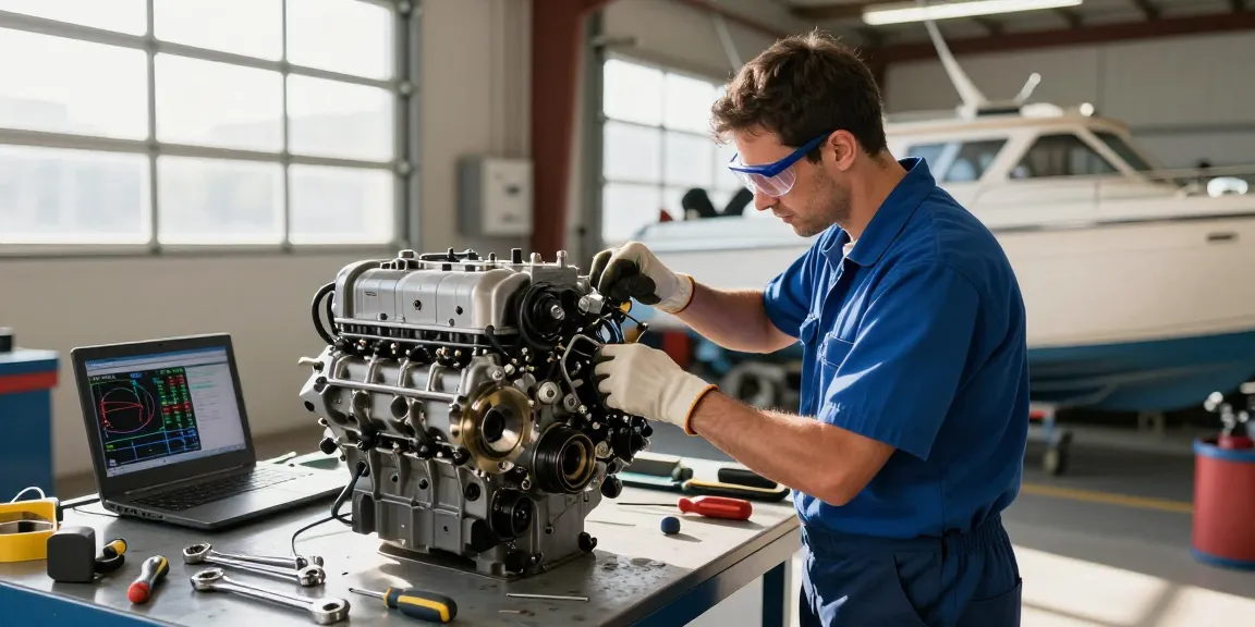 Skilled technician performing diesel marine engine repair in well-lit workshop.