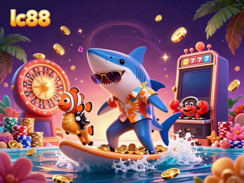 Catch exciting lc88 casino vibes with a shark riding gold coins and vibrant casino elements.