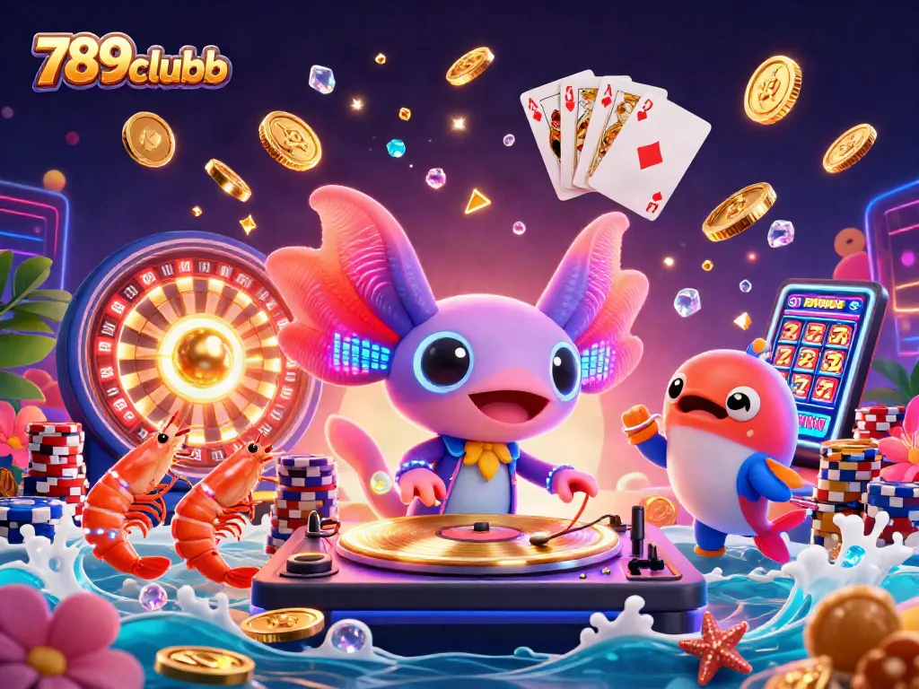 Join the vibrant action at 789clubb with a neon axolotl DJ, golden coins, and lively sea creatures.