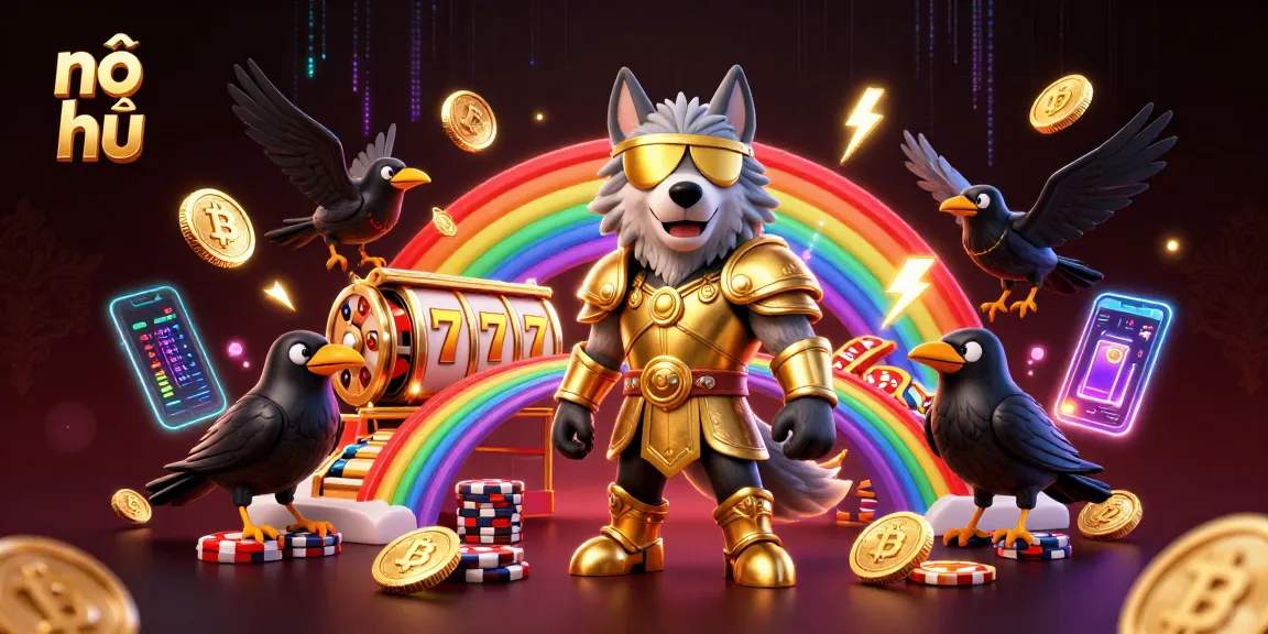 Spin the nổ hũ slots with Odin and his ravens amidst glowing cryptocurrency elements.