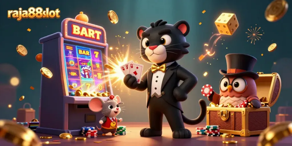 Engage with the vibrant raja88slot scene featuring a stylish panther, an owl holding poker chips, and a lucky mouse amidst a jackpot explosion.
