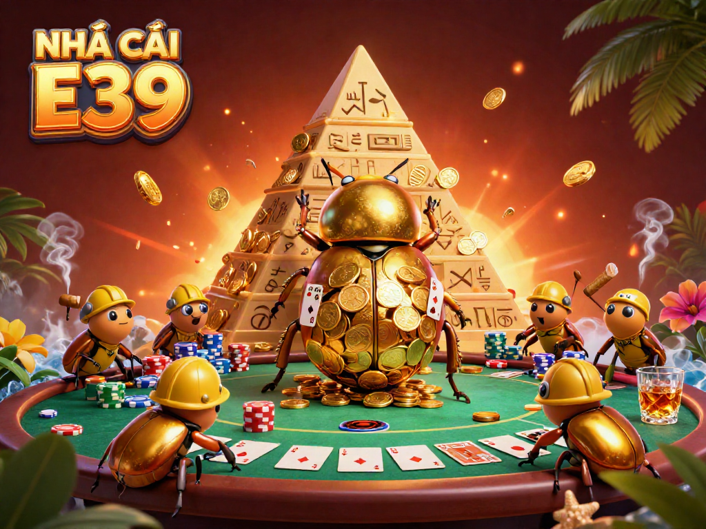 Experience thrilling gaming action with NHÀ CÁI E39 featuring golden beetles and vibrant casino elements.