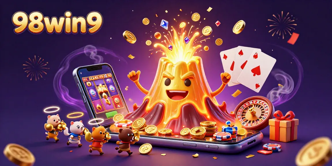 Engage with fortune at 98win9 as a golden volcano erupts coins and treasures, highlighting casino excitement.