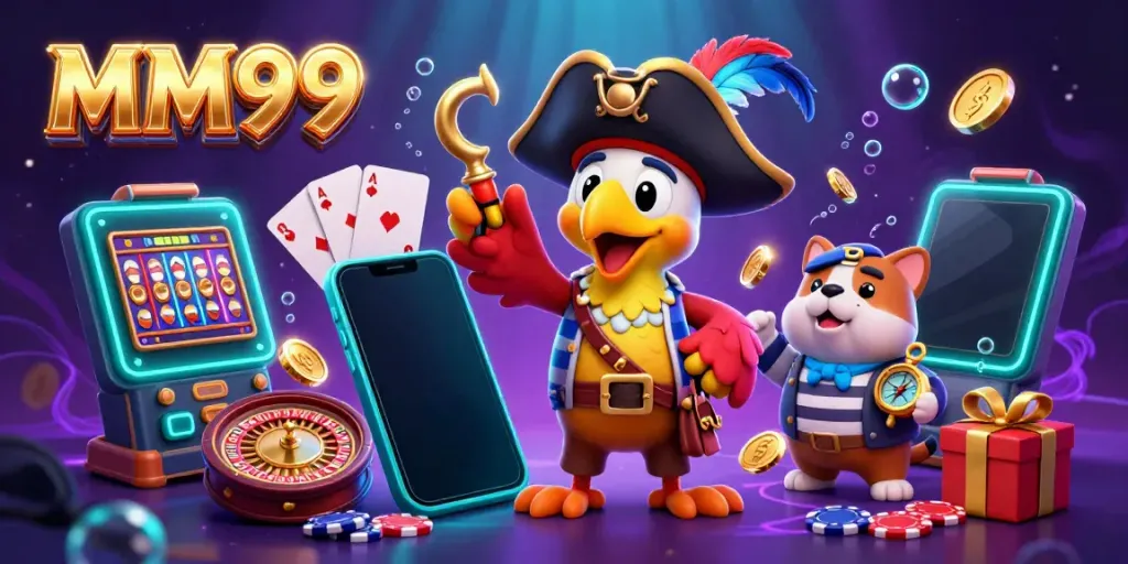 Experience excitement at MM99 with a lively gathering of a pirate captain, bulldog, and cat amidst colorful casino elements.