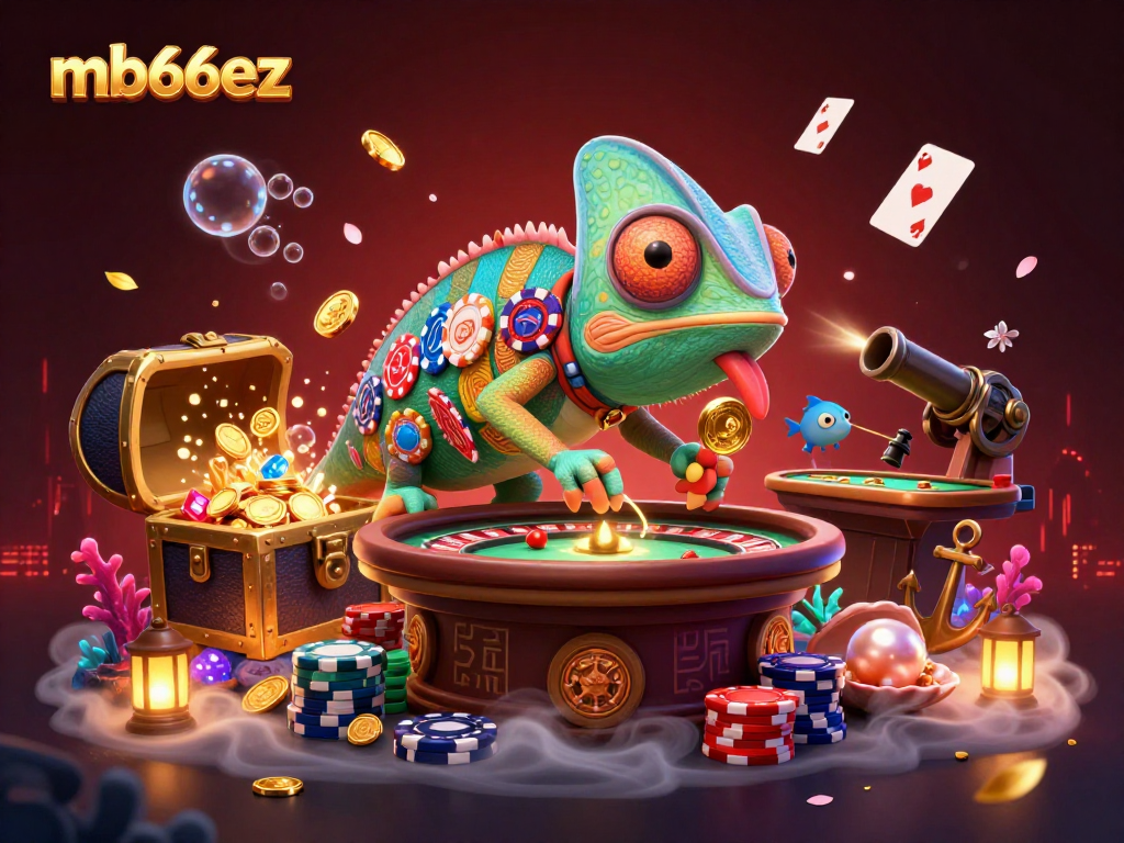 Experience vibrant gaming opportunities with mb66ez, featuring the animated chameleon casino owner snatching golden coins.