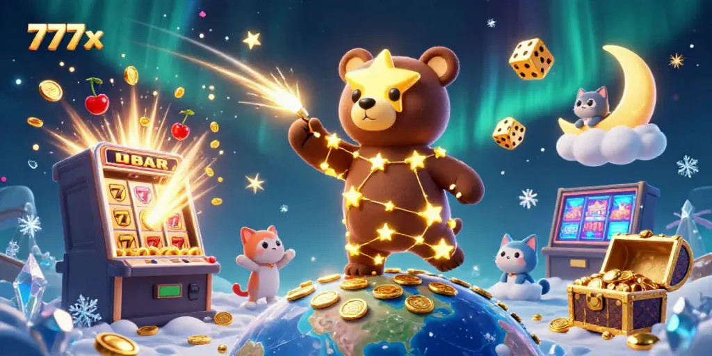 Experience thrilling gaming at 777x with golden stars and a vibrant casino atmosphere.