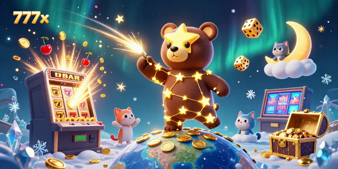 Experience thrilling gaming at 777x with golden stars and a vibrant casino atmosphere.