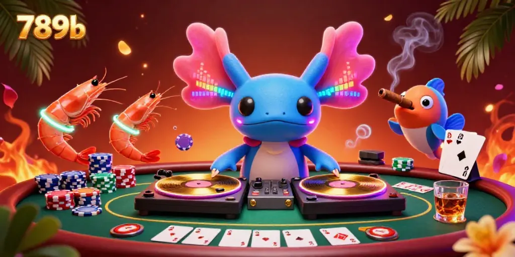 Engage in lively gaming with 789b as the neon axolotl DJ leads the underwater casino party.