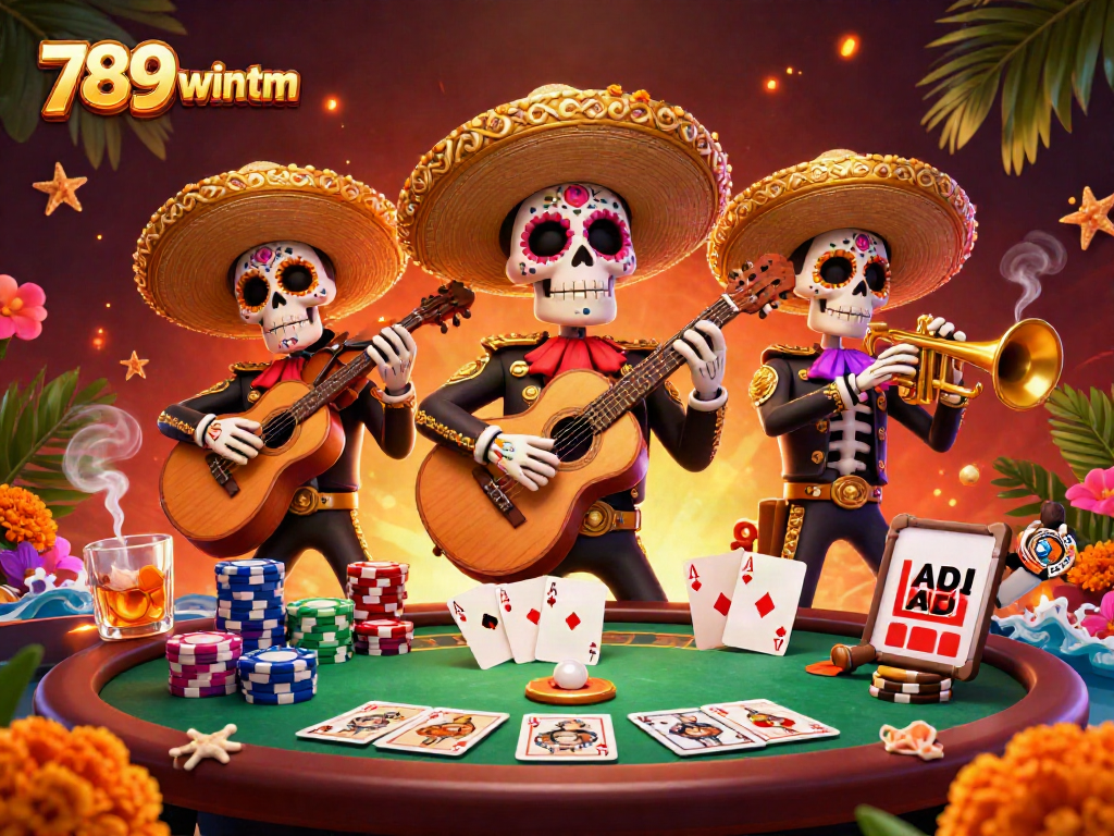 Engage with the vibrant mariachi scene of 789wintm, featuring poker elements and lively characters.