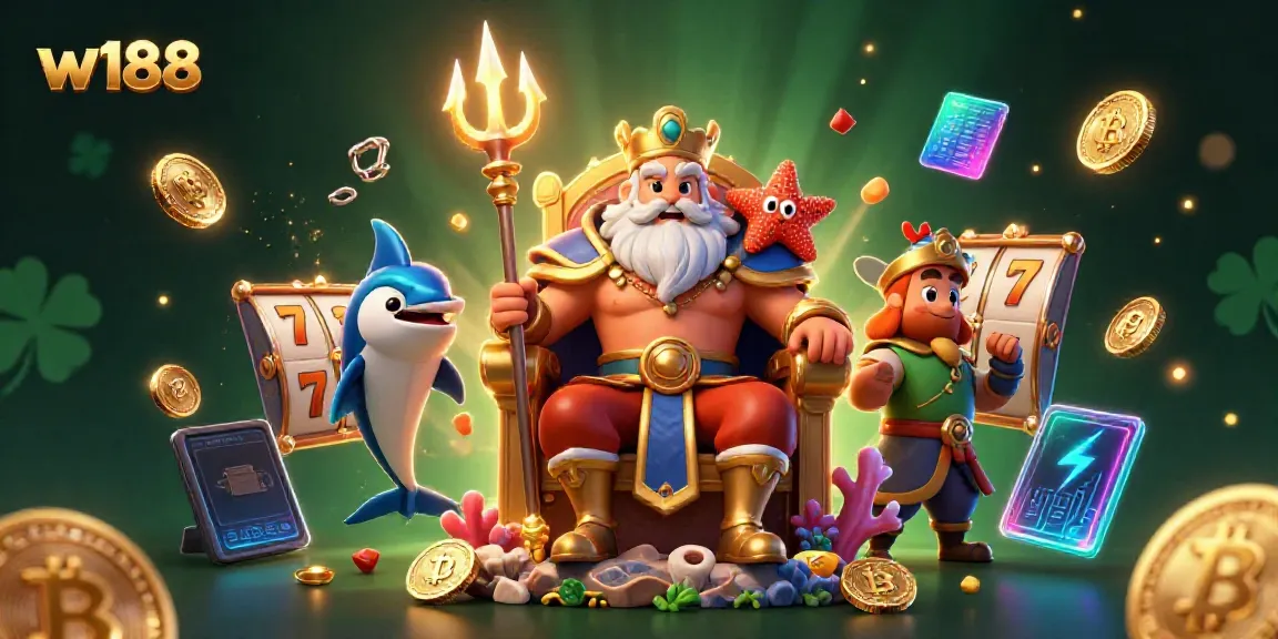 Experience thrilling gaming with w188 in this vibrant illustration capturing Neptune and vibrant slot elements.