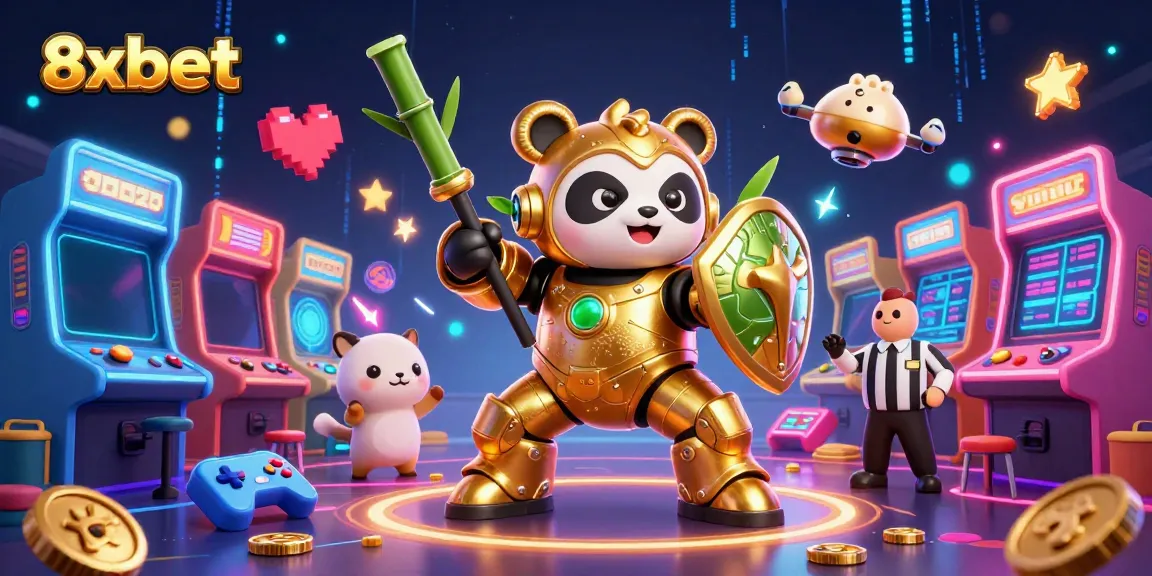 Experience 8xbet's vibrant casino atmosphere with a thrilling mech-suit panda battling with neon lights and game elements.