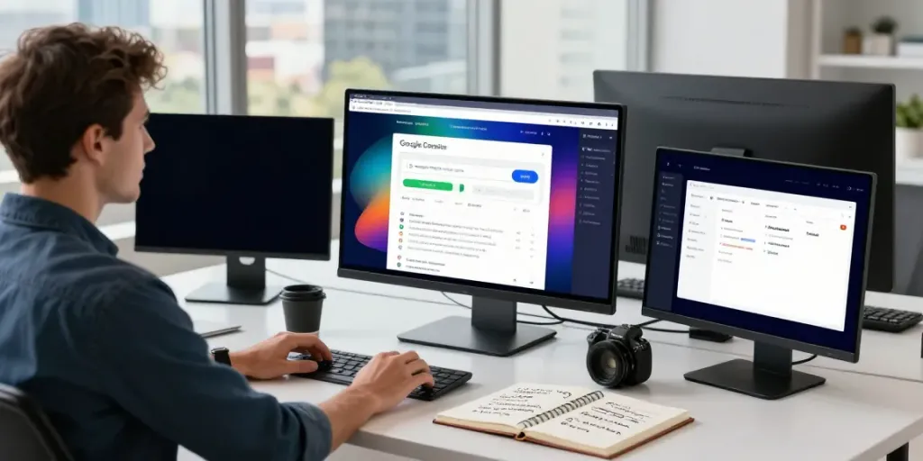 Tech entrepreneur managing website content with instant indexing tools in a modern workspace, showcasing productivity and digital strategy.