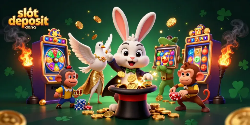 Experience the thrill of slot deposit dana with magical coins and lively characters in a dynamic casino scene.