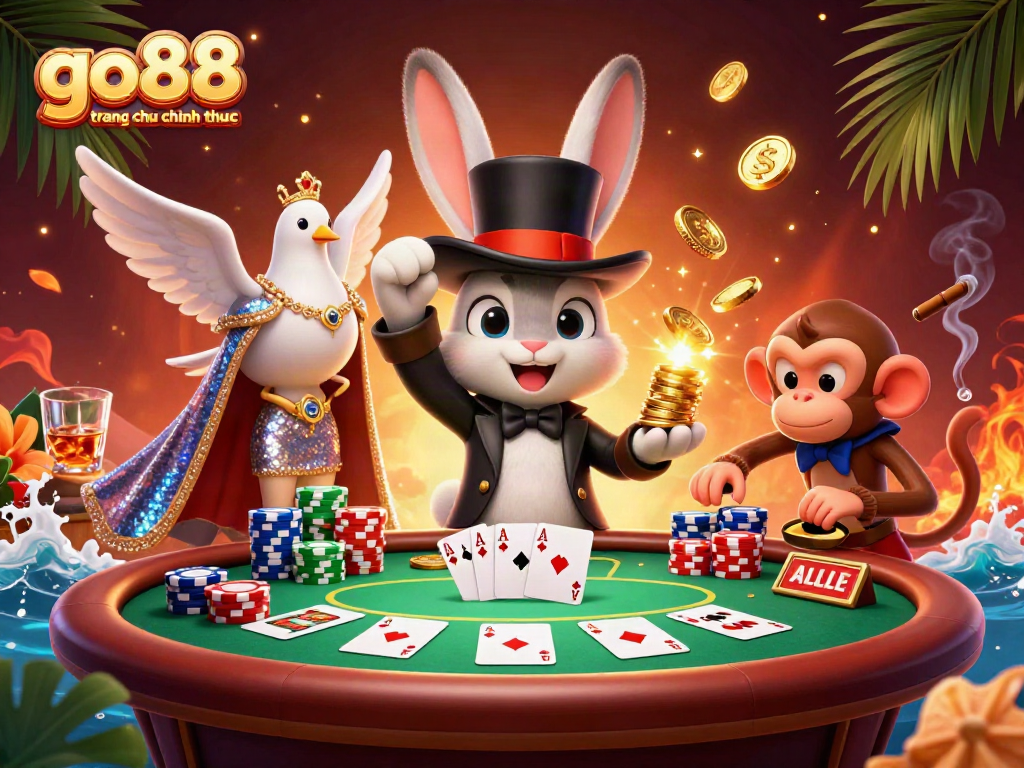Win big at go88 trang chu chinh thuc with vibrant 3D casino illustration showcasing magical casino elements and characters.