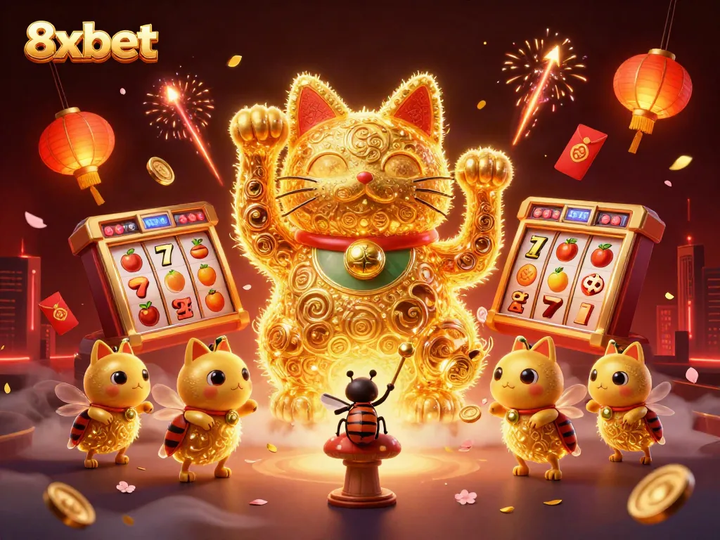 Experience 8xbet's vibrant online casino atmosphere with our dynamic lucky cat illustration.
