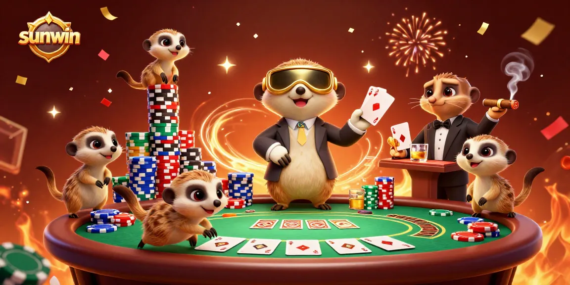 Experience the excitement at sunwin with meerkats managing a vibrant casino scene full of poker action.