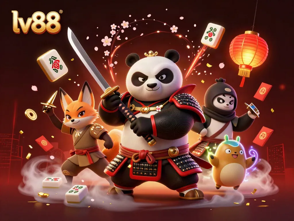Engage with lv88's vibrant casino scene featuring samurai panda, ninja fox, and magical tanuki.
