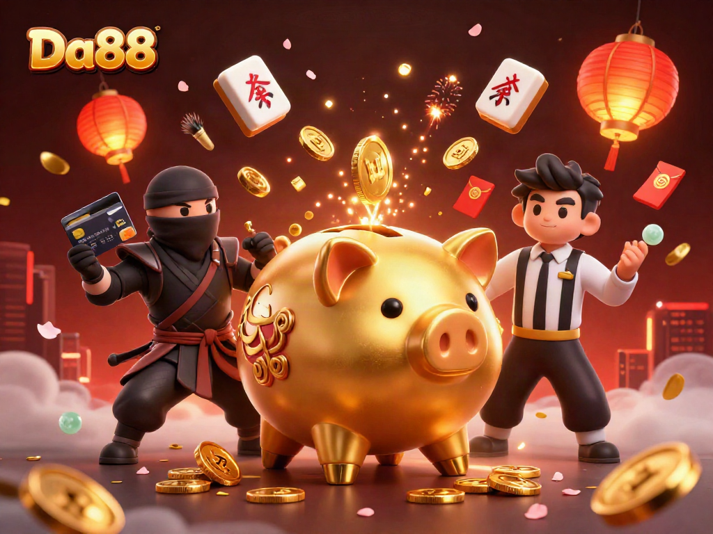 Experience Da88's thrilling energy with a sumo wrestler, ninja, and samurai in an engaging casino scene.