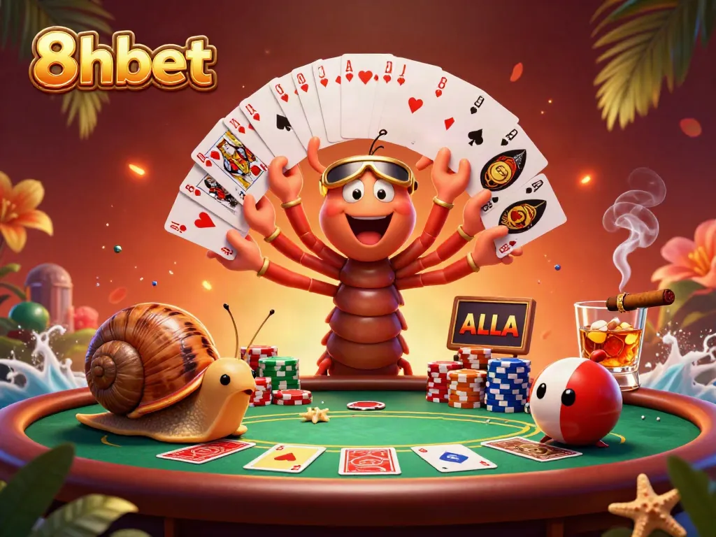 Experience the excitement of 8xbet with a dynamic casino scene featuring cartoon characters and poker elements.