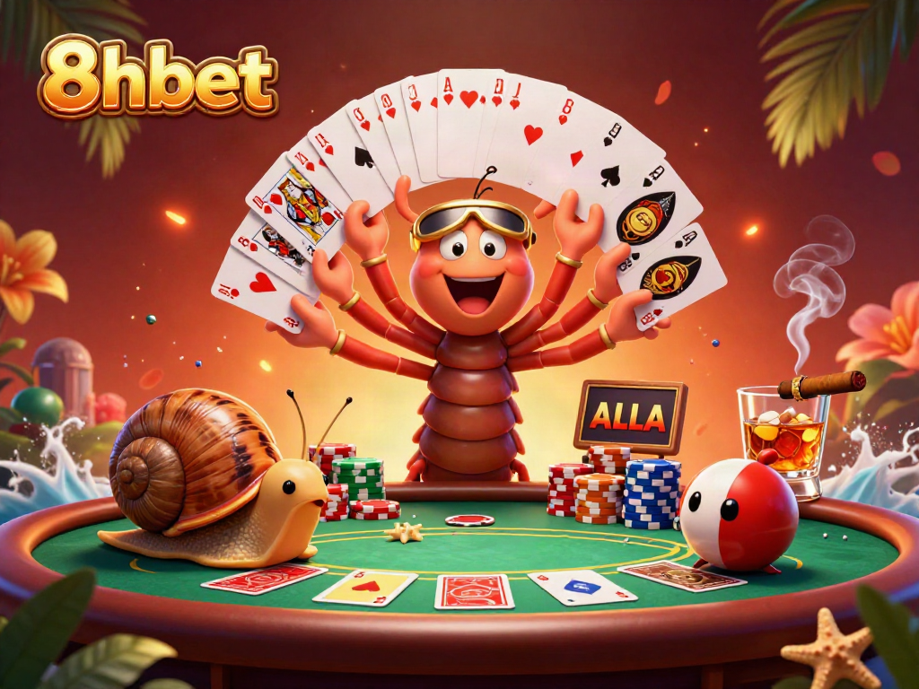 Experience the excitement of 8xbet with a dynamic casino scene featuring cartoon characters and poker elements.