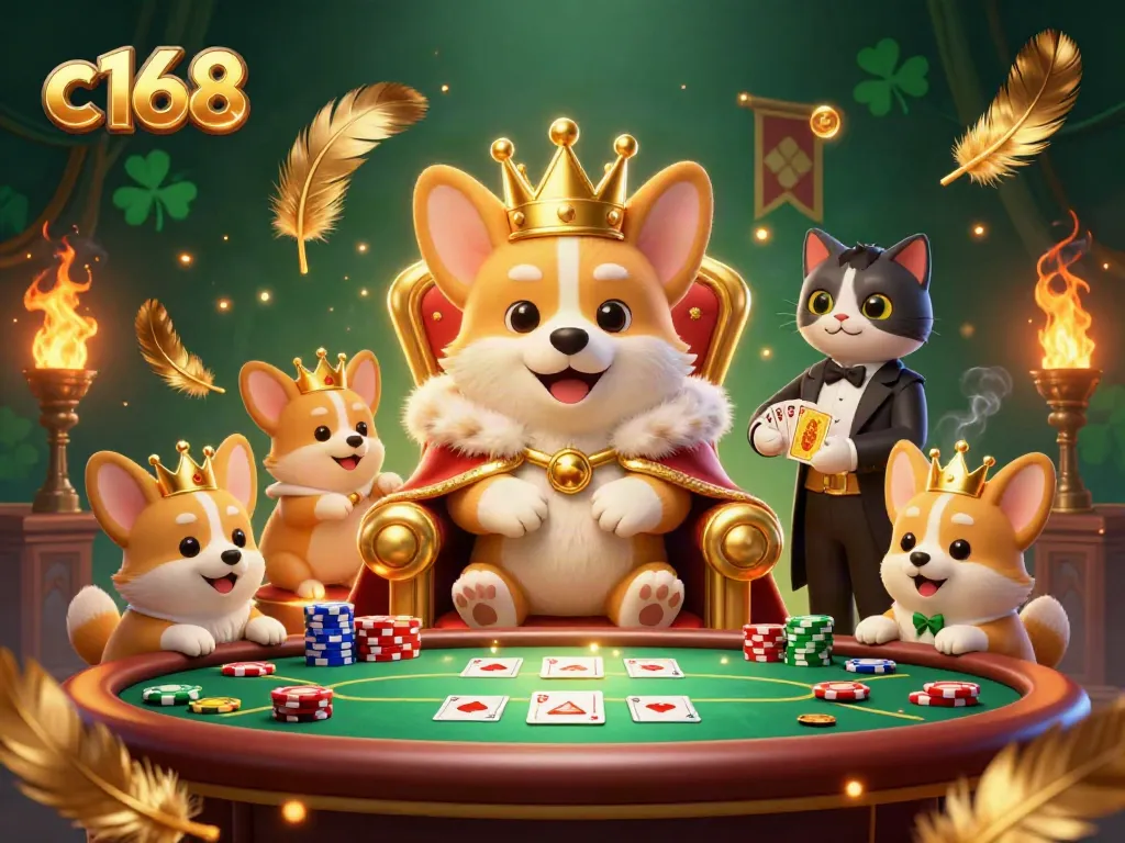 Experience the thrill of c168 poker with a royal corgi, radiant poker chips, and an elegant cat butler.