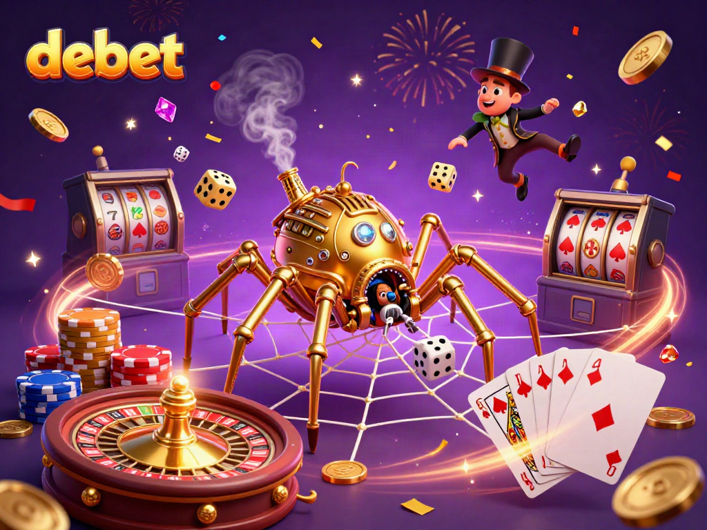 Experience the excitement of debet gaming with golden coins, poker chips, and a dynamic casino scene.