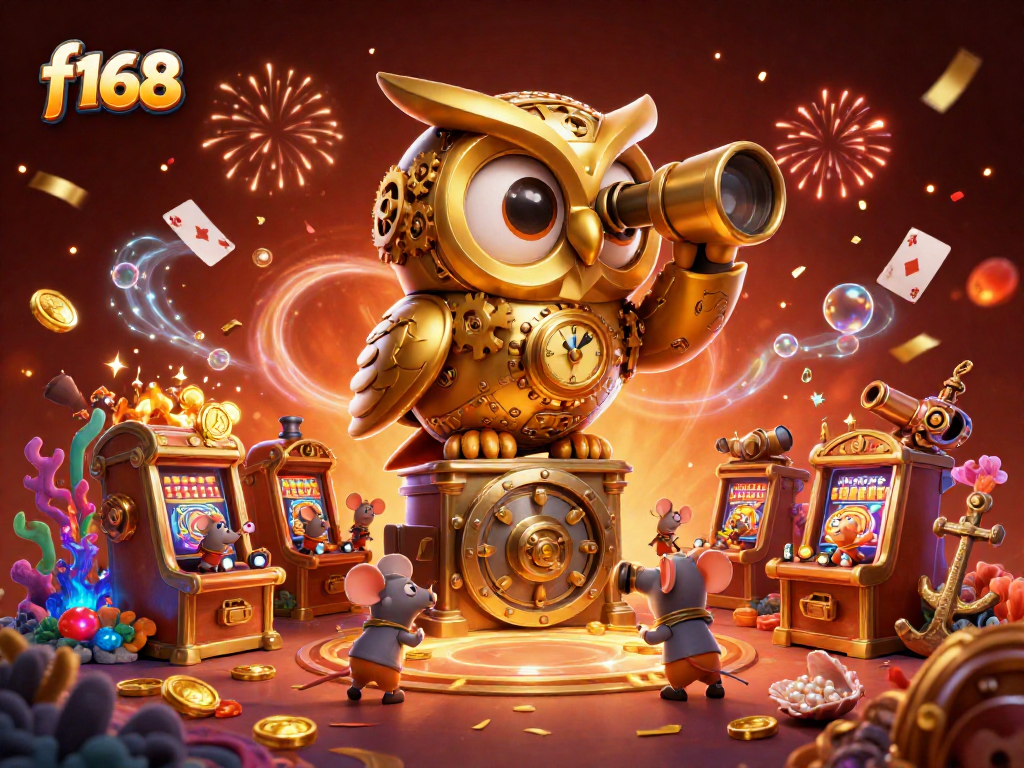Engage with vibrant f168 casino scene featuring a clockwork owl and lively mouse patrons amid slot machines and sparkling elements.