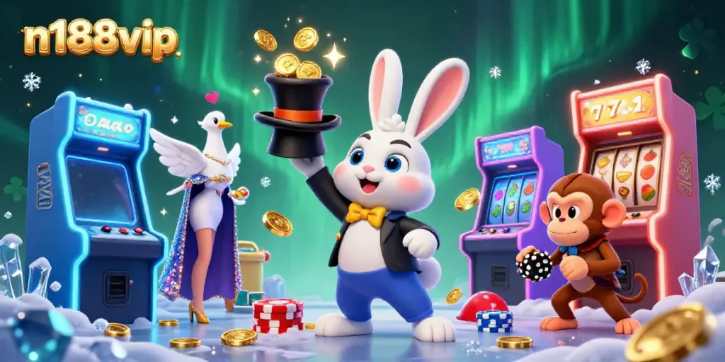 Experience the magic of n188vip with a 3D illustration of a magician rabbit, dove, and monkey in a vibrant casino.