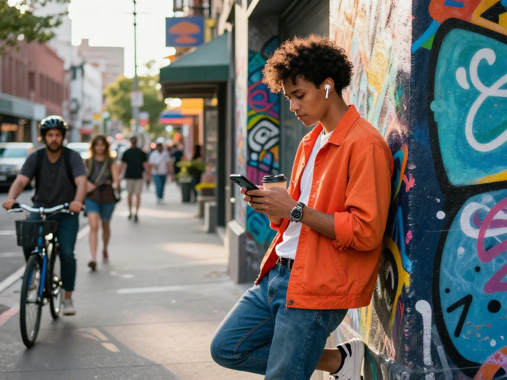 Urban lifestyle scene featuring an individual with ai slut fashion, vibrant graffiti backdrop, and dynamic city atmosphere.
