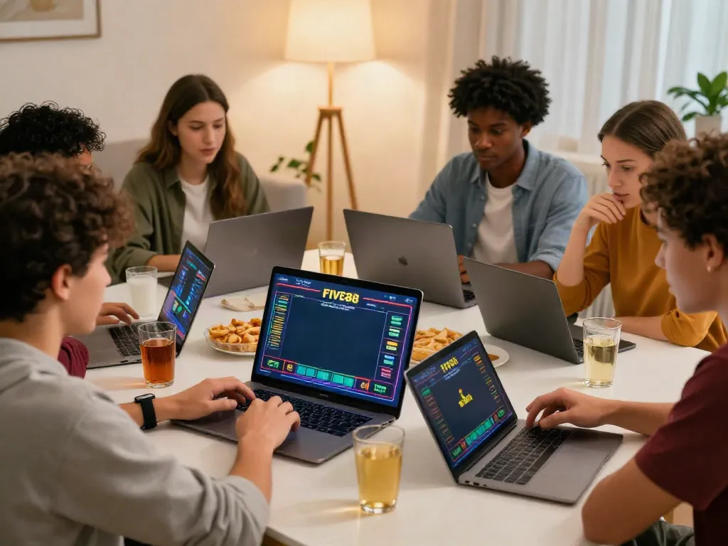 Group enjoying online betting on https://five88.boats/ with snacks and drinks.