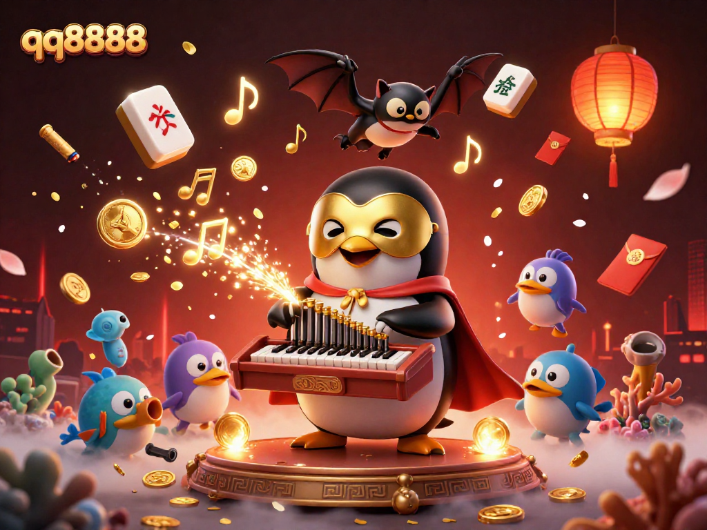 Shoot fish with qq8888 in a vibrant underwater scene featuring an acrobat bat and golden musical notes.
