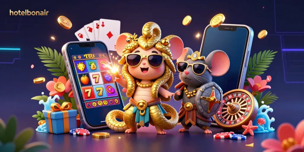 Engage with the fun-filled gaming scene featuring hotelbonair with Medusa and warrior mouse among vibrant casino elements.