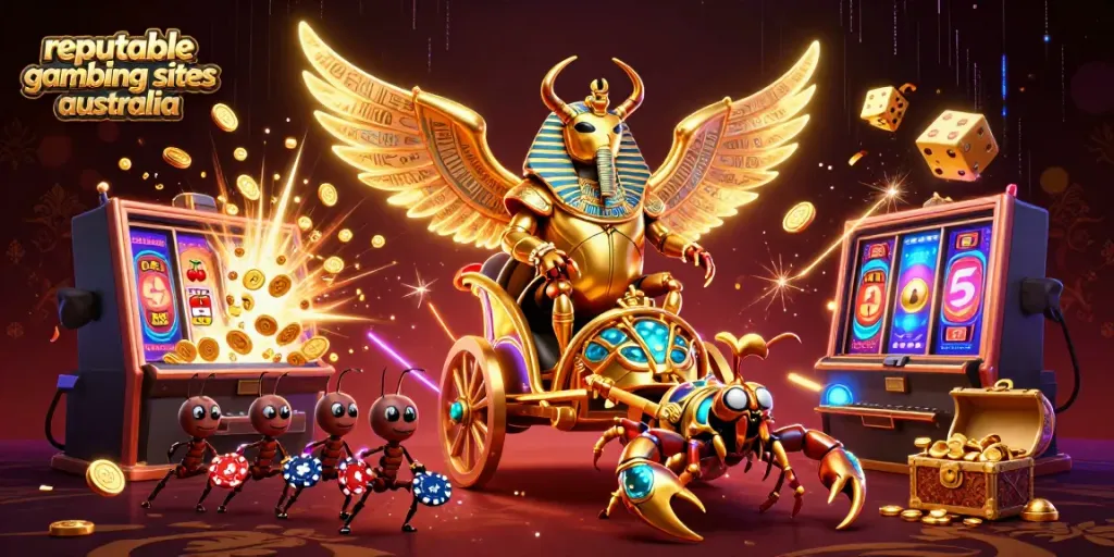 Experience the excitement at reputable gambling sites Australia with a dynamic 3D casino scene of a golden scarab and thrilling game elements.