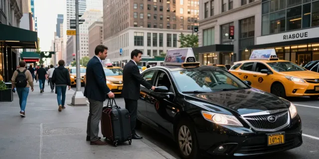 Professional driver assisting a traveler with luggage in a busy street, showcasing car service NYC.