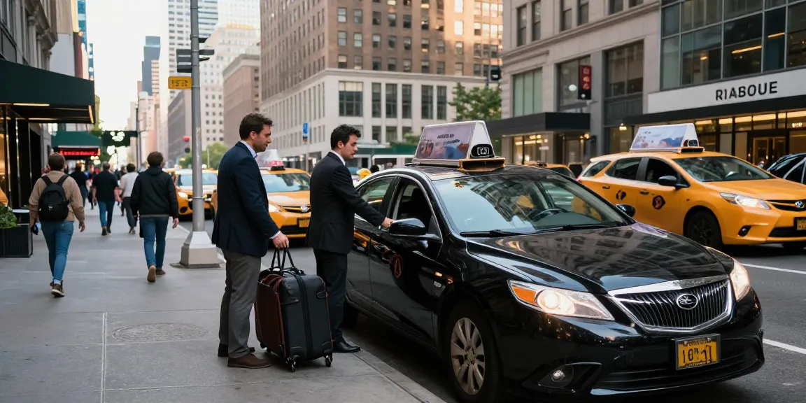 Professional driver assisting a traveler with luggage in a busy street, showcasing car service NYC.