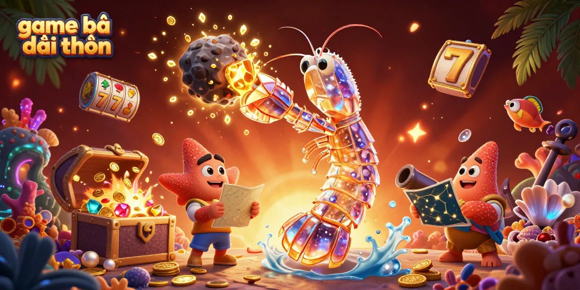 Experience game bài đổi thưởng through a vibrant underwater scene featuring a samurai mantis shrimp, treasures, and slot symbols.