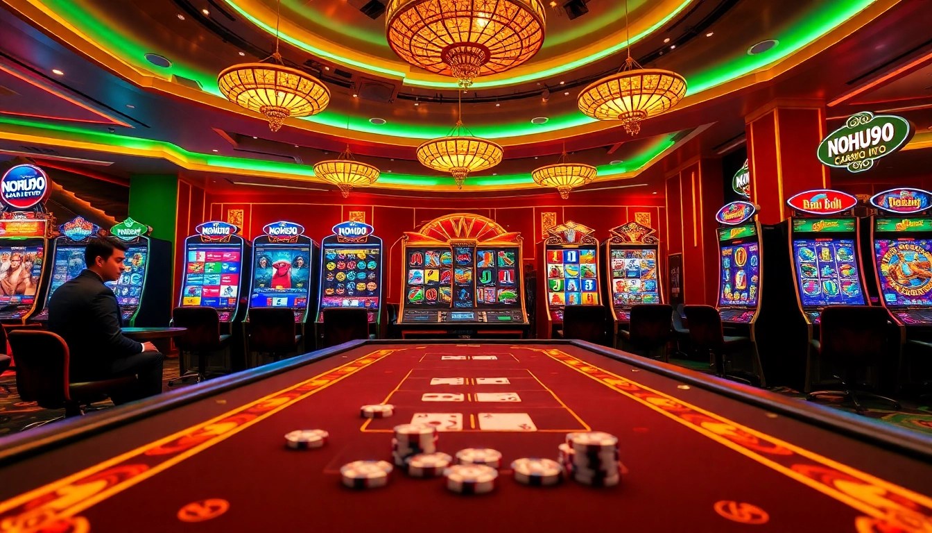 The excitement of online gambling at NOHU90 with vibrant casino games and dealers.