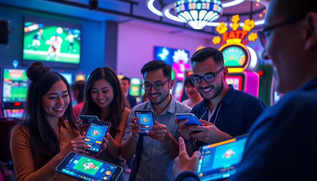Players enjoying the vibrant gaming experience at https://566.jpn.com/ with mobile devices in a modern casino setting.